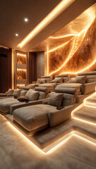 Luxurious home theater featuring plush seating, ambient lighting, and stylish design that creates cozy and inviting atmosphere for movie nights