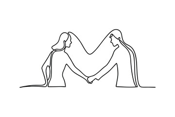 Continuous Line Drawing, Two Women, Holding Hands, Unity, Love, Partnership, Minimalist Art, Simple 