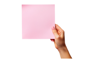 A human hand holding a pink paper Isolated on White and Transparent Background PNG Image.