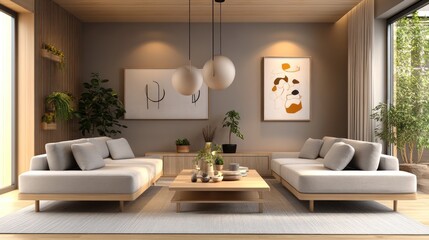 A modern living room with soft taupe walls, wooden furniture, and warm ambient lighting