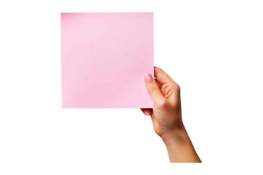 A human hand holding a pink paper Isolated on White and Transparent Background PNG Image.