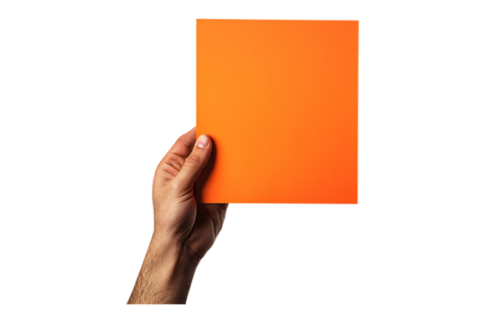 A human hand holding an orange paper Isolated on White and Transparent Background PNG Image. - Powered by Adobe