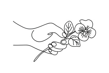 Elegant Line Art Hand Holding a Delicate Pansy Flower