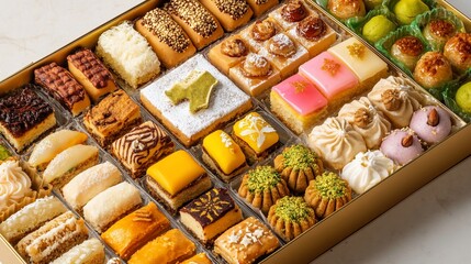 Exquisite assortment of petit fours delights in a meticulously arranged presentation