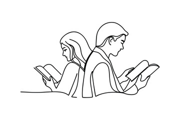 Couple Reading Books Together, Line Art, Study, Knowledge, Learning
