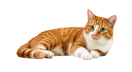 Obraz premium An orange tabby cat with striking green eyes rests comfortably on a soft surface. Isolated on transparent background. PNG