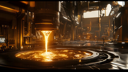 An automated furnace pouring molten gold into molds inside a high-tech industrial facility, with bright molten metal and glowing heat visible.