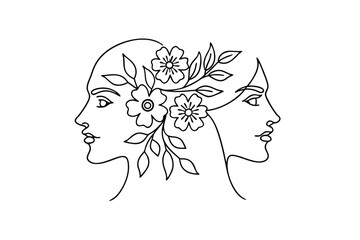 Dual Feminine Faces Adorned with Floral Line Art Design
