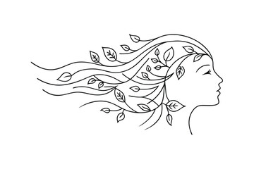 Womans profile, flowing hair, leaves, nature, art, design, elegant, minimalist, illustration, drawin