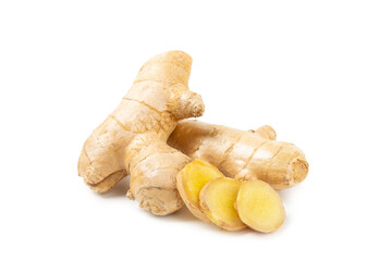 Fresh ginger and lemon isolated on white background. Sliced ​​ginger. Ginger root. Traditional...