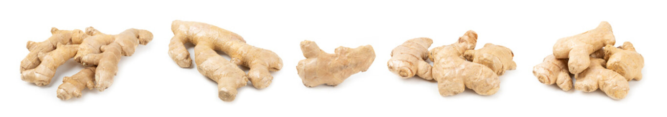 Fresh ginger and lemon isolated on white background. Sliced ​​ginger. Ginger root. Traditional alternative medicine, healing tea for immunity. Close-up.