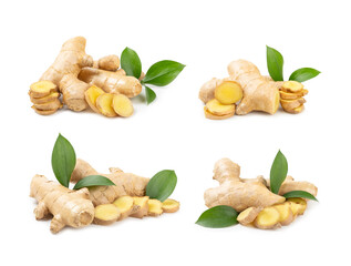 Fresh ginger and lemon isolated on white background. Sliced ​​ginger. Ginger root. Traditional...