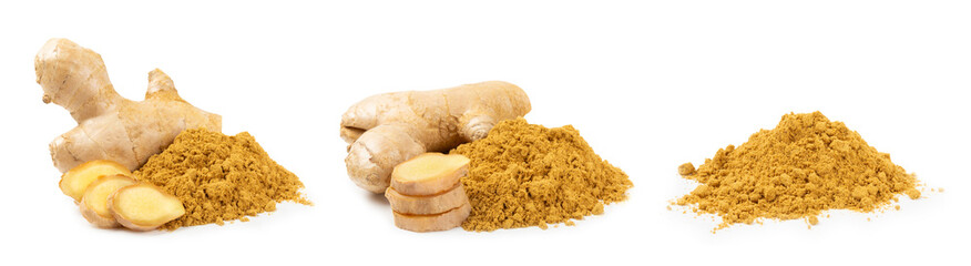 Fresh ginger and lemon isolated on white background. Sliced ​​ginger. Ginger root. Traditional alternative medicine, healing tea for immunity. Close-up.