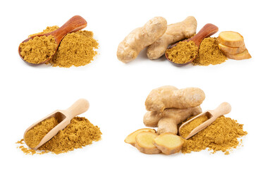 Fresh ginger and lemon isolated on white background. Sliced ​​ginger. Ginger root. Traditional alternative medicine, healing tea for immunity. Close-up.