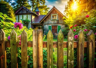 Naklejka premium Rustic Wooden Fence Home Exterior, Privacy Fence, Countryside Home, Wooden Fence Panels, Garden Fence