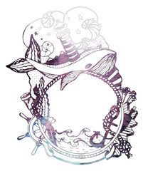 Watercolor Whale. Colorful Old Style. Alcohol Ink