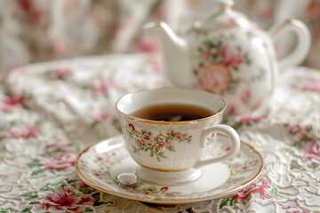 An elegant Earl Grey tea served in a delicate china cup, with a backdrop of a vintage teapot and a floral tablecloth.