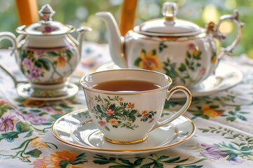 An elegant Earl Grey tea served in a delicate china cup, with a backdrop of a vintage teapot and a floral tablecloth.