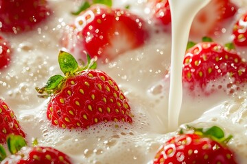 Fresh strawberries immersed in creamy milk splash