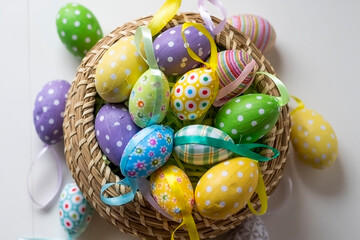 Colorful Easter eggs in a brown wicker basket on a white background. Eggs around the basket and inside. Easter