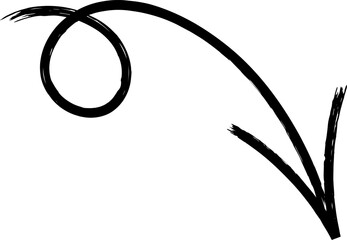 Black hand drawn chalk sketch arrow pointing downward, featuring a curl at the beginning of the line, isolated against a clean white background, creating a simple yet striking design element
