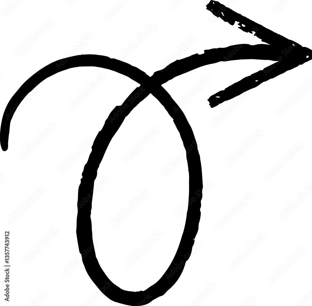 Poster curvy hand drawn chalk sketch arrow pointing right, featuring a unique loop design, is isolated agai