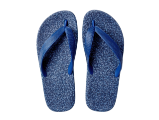 Blue flip flops resting on a textured surface during daytime on a transparent background, cut out