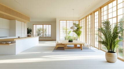 Fototapeta premium A modern, minimalist living room and kitchen in a biophilic style, with white walls and light birch wood floors