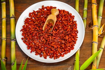 The goji berry, also known as wolfberry pinyin, is the sweet fruit of Lycium barbarum or Lycium chinense, two closely related species of thornbush in the nightshade family, Solanaceae.