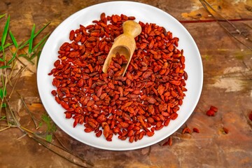 The goji berry, also known as wolfberry pinyin, is the sweet fruit of Lycium barbarum or Lycium chinense, two closely related species of thornbush in the nightshade family, Solanaceae.