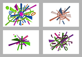 Volumetric multi-colored geometric shapes. Abstract geometry. Set of 4 designs. Background or cover design, vector.