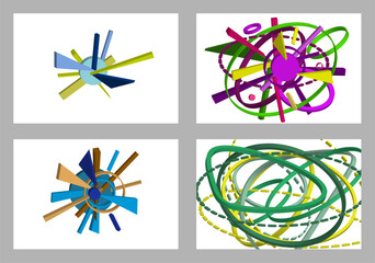 Volumetric multi-colored geometric shapes. Abstract geometry. Set of 4 designs. Background or cover design, vector.