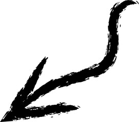 Black grunge arrow pointing down and left, created with chalk or charcoal, dynamic stroke and rough edges, isolated on white background, ideal for graphic design projects
