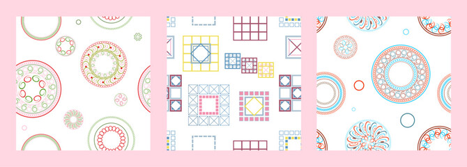 Seamless pattern of geometric shapes. Bright seamless pattern. Set of 3 patterns. Design for fabric, wallpaper, wrapping paper. Vector