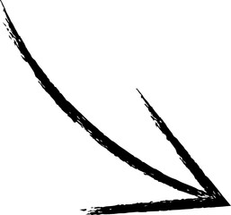 Black grunge arrow pointing down and to the right, hand drawn with chalk or charcoal, isolated on a white background, giving a vintage or rustic look