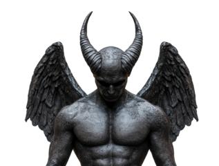 Dark figure with horns and wings in striking pose on a transparent background, cut out