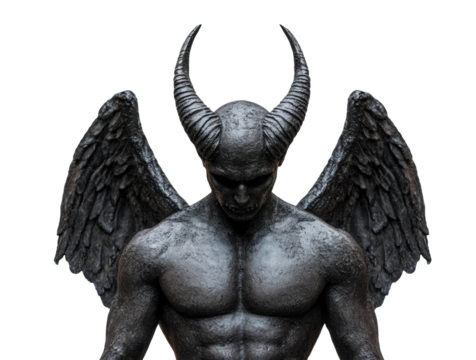 Dark figure with horns and wings in striking pose on a transparent background, cut out