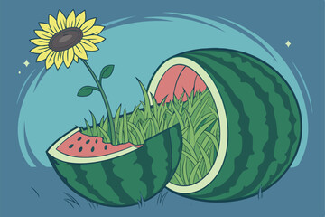 47 Surreal sunflower growing from half watermelon, miniature ecosystem, green grass inside watermelon, vibrant yellow petals, blue gradient background, conceptual art, digital illustration, photoreali