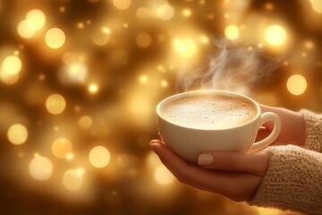 Fototapeta premium Warm cup of coffee in cozy female caucasian hands with festive golden bokeh