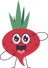 Beetroot mascot pointing at itself with a surprised expression, big eyes and open mouth, promoting healthy eating habits and vegetarian lifestyle