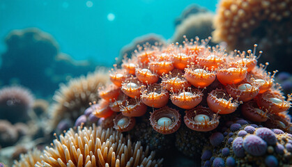 Fototapeta premium Colorful mollusk shells thriving on vibrant coral reef 