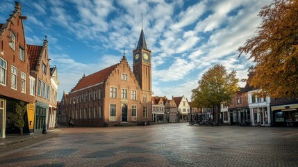A city hall with classic brickwork and a clock tower in the town square