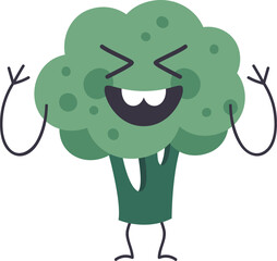 Cartoon broccoli character joyfully raising arms, laughing with closed eyes and a big smile, embodying healthy food and cheerful emotions in a playful and cute design