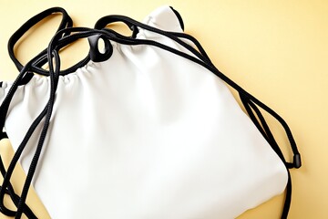 White drawstring bag with black cords on yellow background (1)