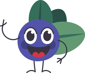 Cheerful blueberry character with big eyes and a wide smile waves happily, bringing a touch of joy and whimsy to healthy eating and fruit themed designs