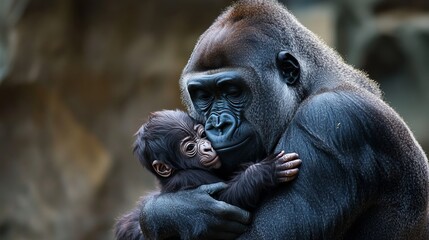 Fototapeta premium A mother gorilla hugging her baby, a heartwarming and tender wildlife moment showcasing love, protection, and maternal bond