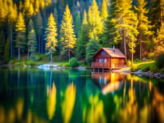 Obraz premium Secluded Lakeside Cabin Retreat: Miniature Tilt-Shift Photography