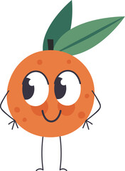 Cartoon orange fruit character with big eyes and a smile is standing with its hands on its hips, conveying a playful and confident attitude