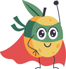 Cartoon illustration of an orange fruit wearing a superhero costume, raising its fist, promoting healthy eating habits and inspiring children with a playful character