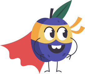 Cartoon illustration of a smiling plum superhero character wearing a mask and cape, standing with arms at sides, suggesting concepts of healthy eating, bravery, and fun